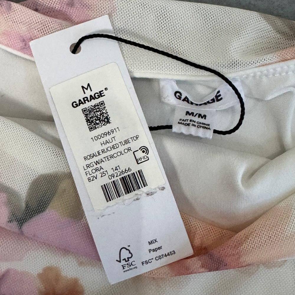 Garage Rosalie Ruched Tube Top Sz Medium Watercolor Floral Mesh White 100096911 - Picture 5 of 8